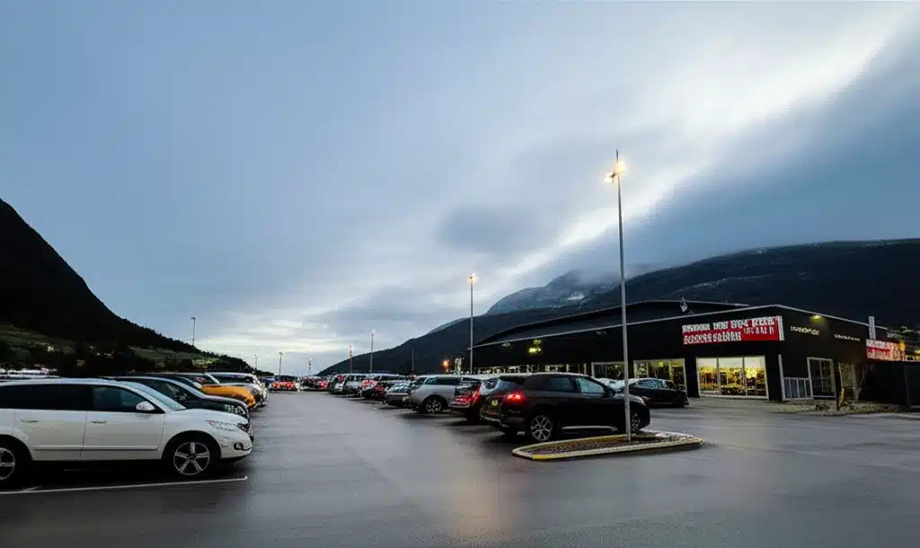 Nordlyset over fjorden: Utsikt fra parkeringsplassen